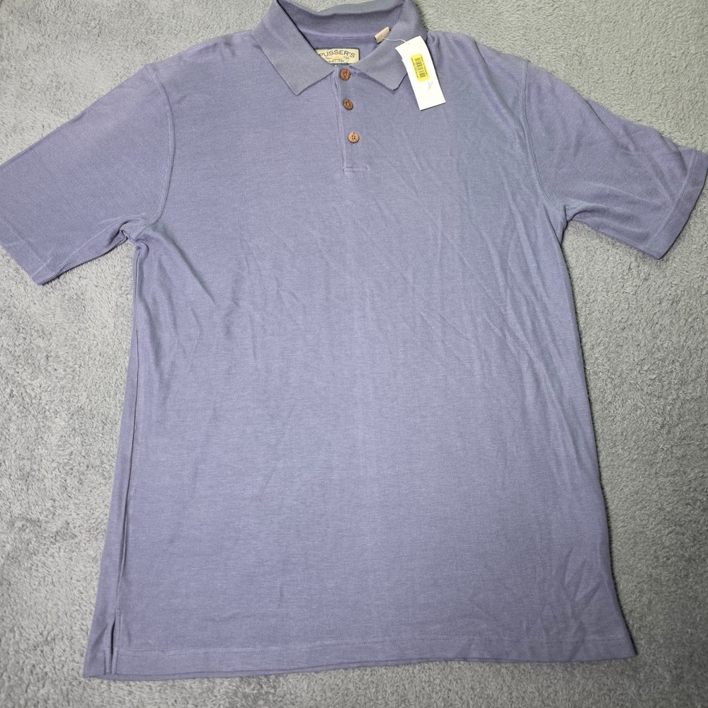 Pusser's Mens Medium Polo Shirt Blue Silk Cotton Blend Short Sleeve Wood Buttons